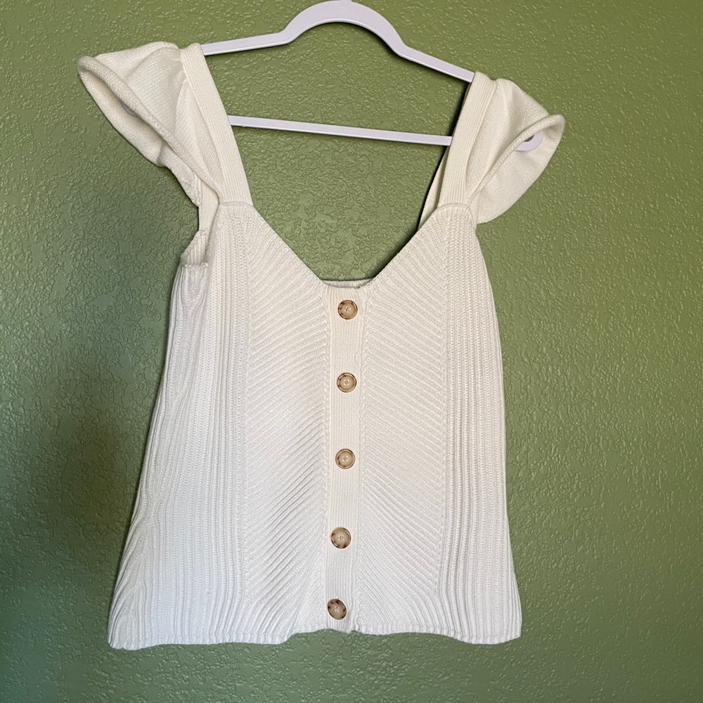 Anthropologie Cream Knit Flutter Sleeve Tank Medium - Picture 2 of 5